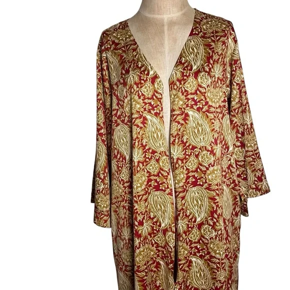 Natori Georgette Zip Front Caftan Kimono Red Gold Paisley Comfort — Large - Picture 10 of 12